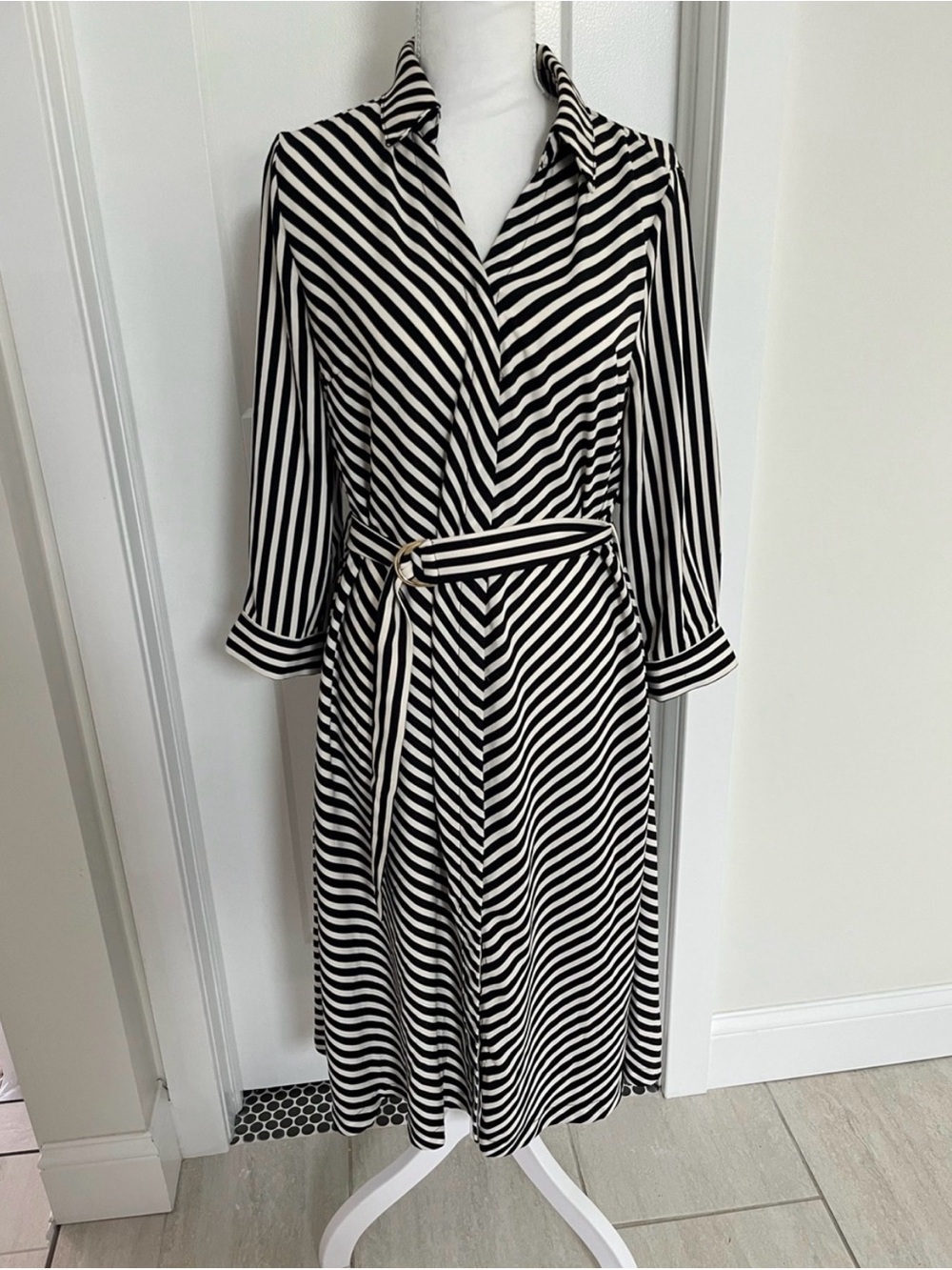 H&M Black and White Striped Midi Shirt Dress with Belt